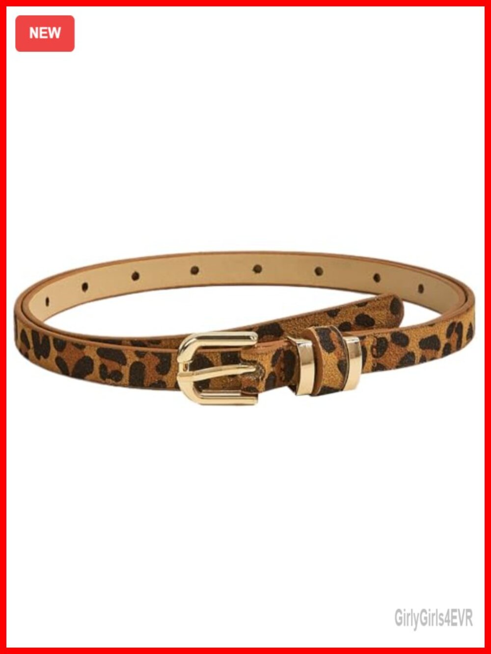 Womens Skinny Faux Leather Belt Gold Curved Pin Buckle Animal Print